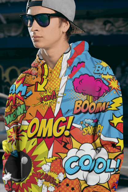 Rogue & Co Men's Hoodie - The Comic: Vibrant comic-style print hoodie with bold colors and dynamic illustrations, featuring text like "OMG!" and "BOOM!" Worn by person in sunglasses and backwards cap, showcasing the eye-catching pop-art design.