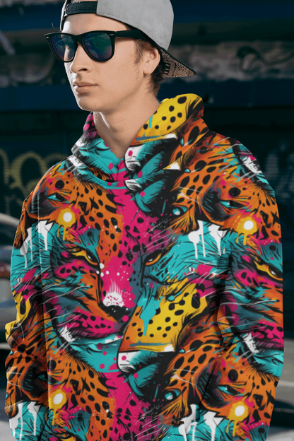 "Rogue & Co Wild Leopard Hoodie with vibrant abstract design, cozy fit, and functional pockets." theshithotcompany