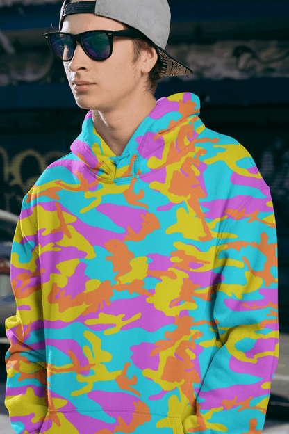 "Rogue & Co Men's Thunder Camo Hoodie with vibrant camo pattern, cozy hood, and spacious pocket." theshithotcomnpany