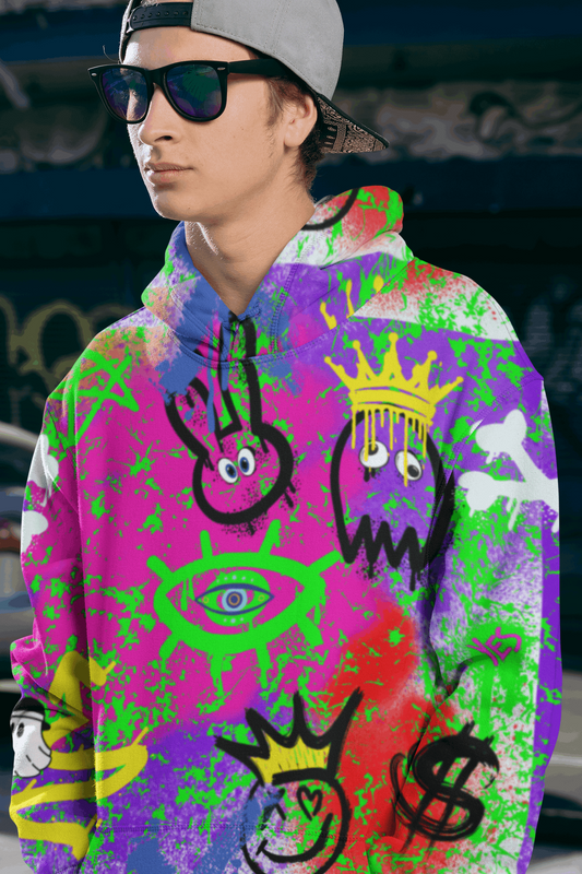 "Rogue & Co Men's The Notorious Hoodie with vibrant graffiti pattern and cozy drawstring hood." theshithotcompany