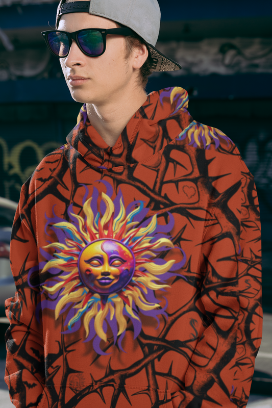 Mens Hoodie - Luna Anarchy Red featuring vibrant psychedelic sun design on red background with abstract patterns. Stylish streetwear hoodie shown with baseball cap and sunglasses. Perfect for casual urban fashion.