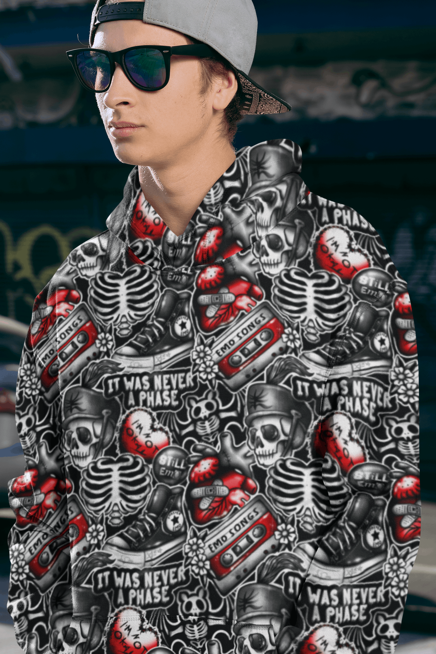 "Rogue & Co Men's Hoodie - Emo Vibes, skeletons design, cozy, durable, available in sizes S-7XL." theshithotcompany