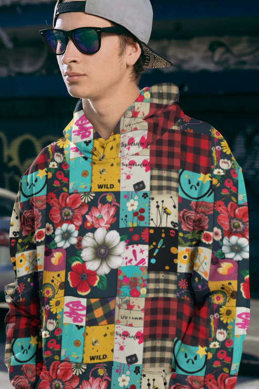 Person wearing a Mens Hoodie - Patched Punk featuring vibrant patchwork design with floral prints, plaid patterns, and playful graphics in red, yellow, turquoise, and pink. Styled with sunglasses and a backward cap, showcasing the hoodie's colorful, punk-inspired aesthetic.