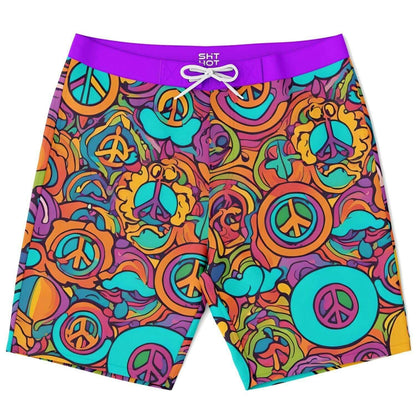 Rip Tide Customizable Board Shorts - Peace Dude featuring vibrant psychedelic pattern with colorful peace signs in turquoise, orange, and purple, elastic waistband with white drawstring, perfect for beach and surf wear