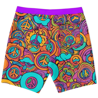 Rip Tide Peace Dude board shorts featuring vibrant psychedelic pattern with peace symbols in turquoise, orange, and purple swirls, suitable for beach and surfing activities