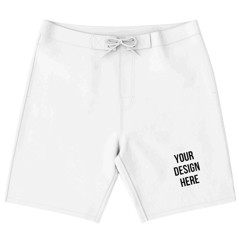 Rip Tide Customizable Board Shorts - Peace Dude shown in classic white with drawstring waist, customizable design area on leg, and comfortable knee-length cut for beach and surf wear