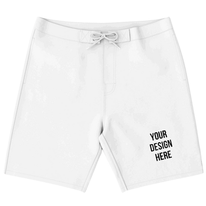 Rip Tide Customizable Board Shorts - Peace Dude shown in classic white with drawstring waist, customizable design area on leg, and comfortable knee-length cut for beach and surf wear