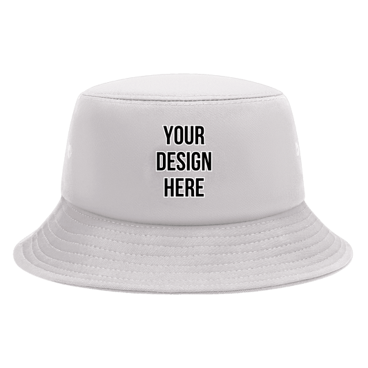 Custom Bucket Hats - Personalized Sun Protection: White bucket hat with customizable design area, featuring wide brim for UV protection, displayed against white background. Perfect for personalized outdoor wear and style customization.