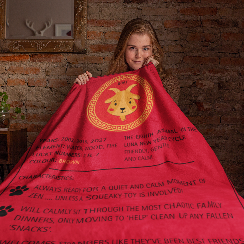 Red Lunar New Year zodiac blanket featuring golden Goat design with Chinese zodiac characteristics and lucky elements printed on soft sherpa fleece. Luna New Year Zodiac Dog Blanket - GOAT from ShitHot Best Sellers, Luna New Year Horoscope Blankets collection.