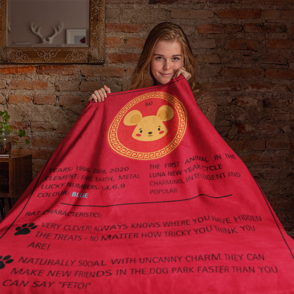 Red sherpa fleece blanket displaying Lunar New Year Rat zodiac design with gold circular emblem and Chinese-inspired border, featuring detailed zodiac characteristics and birth years text on vibrant fabric - Luna New Year Zodiac Dog Blanket RAT - ShitHot Best Sellers, Luna New Year Horoscope Blankets