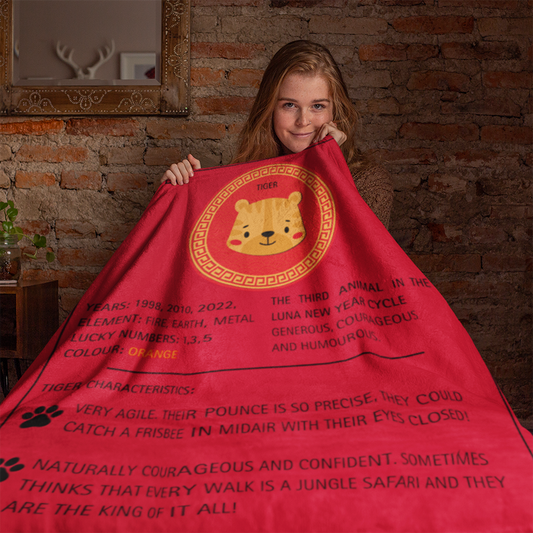 Luna New Year Zodiac Dog Blanket featuring a cute tiger illustration in golden circle on bright red sherpa fleece. Displays Chinese zodiac details, birth years, and playful tiger characteristics text. From ShitHot Best Sellers, Luna New Year Horoscope Blankets collection.